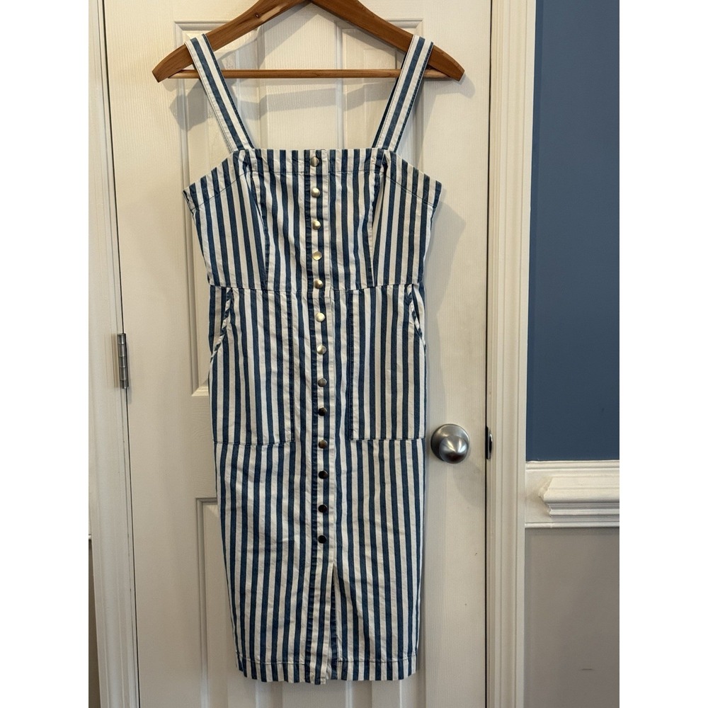 Blue L Stripe Jumper Dress Modest Pockets 100% Cotton Overalls Casual Classic